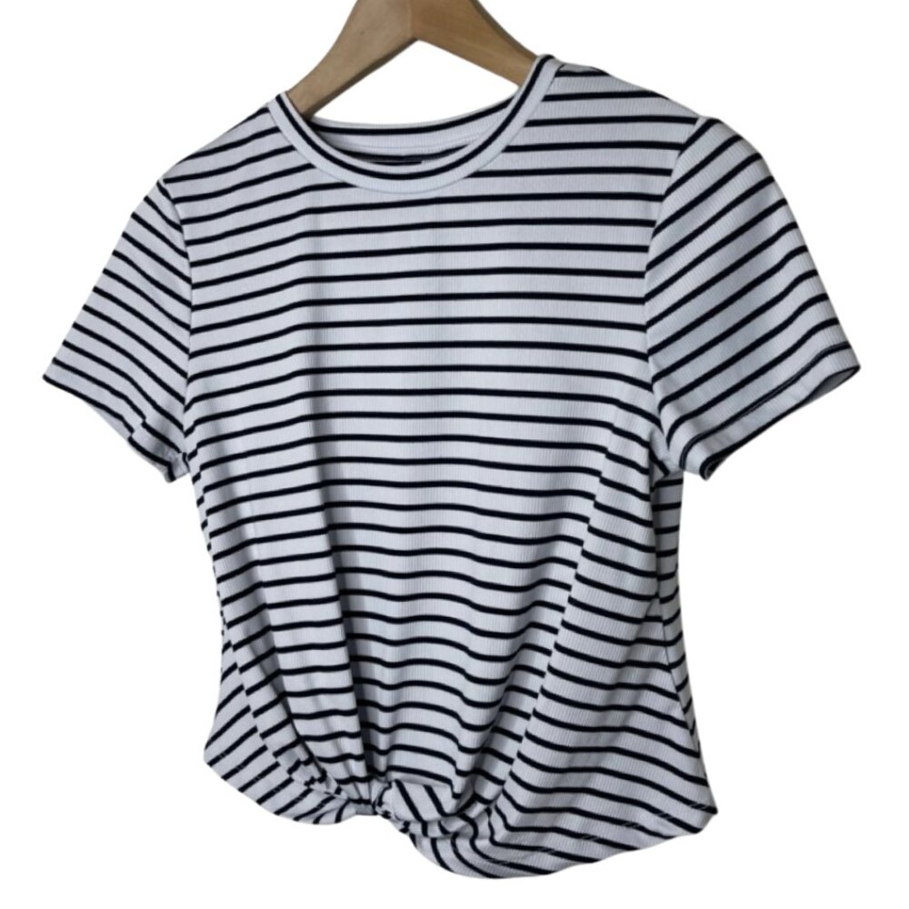 UNBRANDED | Women's Ribbed Blue and White Striped Knot Cropped Top | Size L - Picture 3 of 7